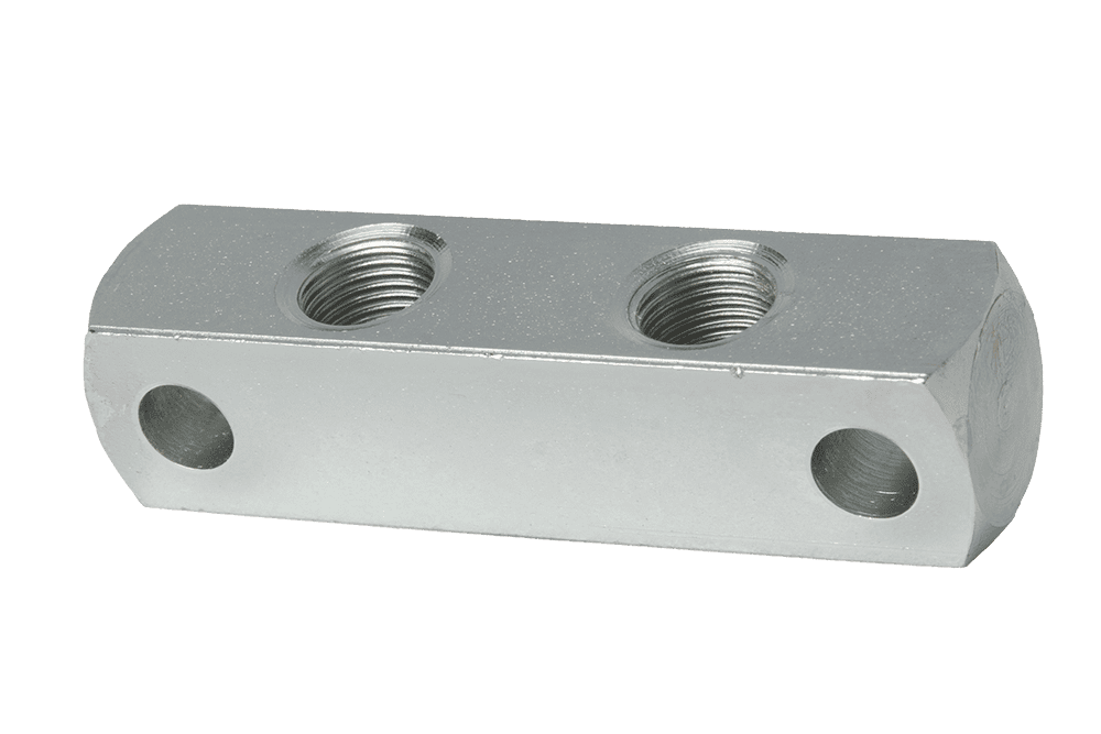 Premium 2-Way Anchor Block With Polished Metal Finish And Four Threaded Holes For Flexible, Secure Anchoring In Industrial Settings.