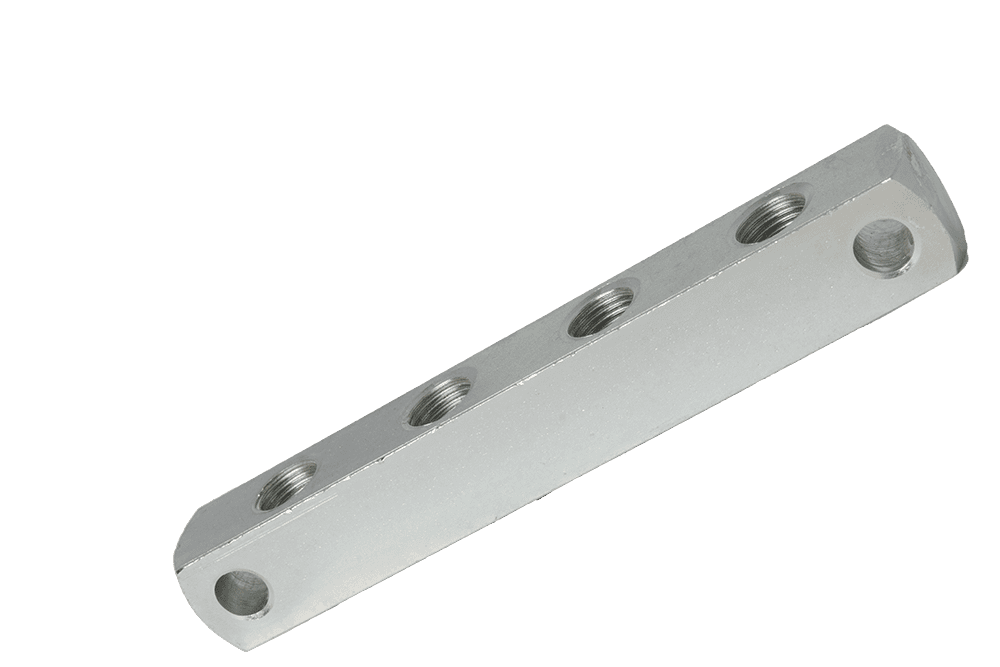 High-Quality 4 Way Anchor Block With Four Precision Threaded Holes, Engineered For Grease Nipples. Isolated On White Background.