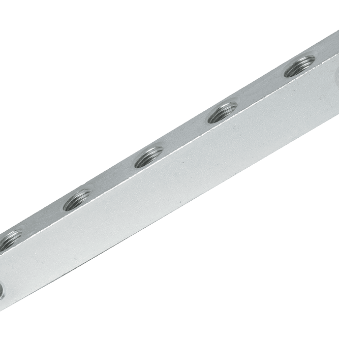 High-Quality 5 Way Anchor Block Bar In Silver With Six Precision-Threaded Holes, Showcased On White—Ideal For Industrial Fittings.