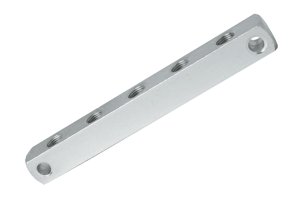 High-Quality 5 Way Anchor Block Bar In Silver With Six Precision-Threaded Holes, Showcased On White—Ideal For Industrial Fittings.