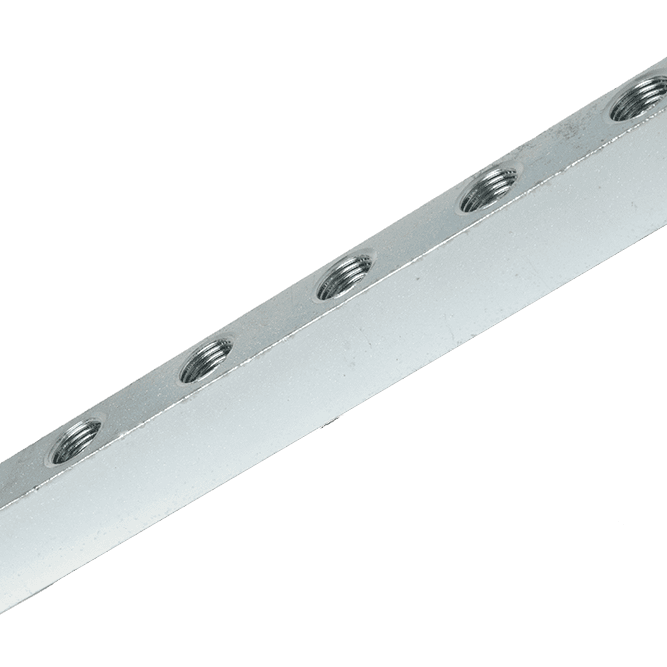 High-Quality 6 Way Anchor Block Connector Bar, Silver, Multiple Threaded Holes In A Row, Ideal For Industrial Grease Fittings.