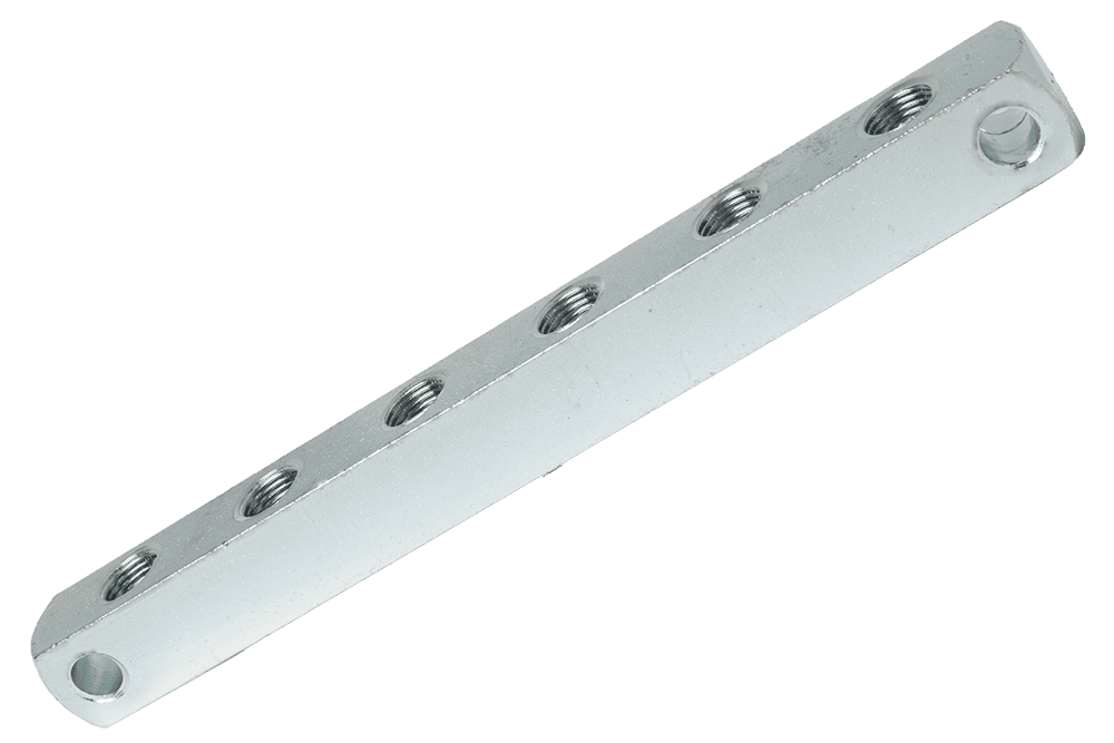 High-Quality 6 Way Anchor Block Connector Bar, Silver, Multiple Threaded Holes In A Row, Ideal For Industrial Grease Fittings.