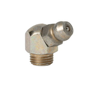 Ingrassatore di alta qualità 5/16" x 32 UNEF 65° AS15002-4P con base esagonale e ugello angolato, isolato su sfondo bianco.