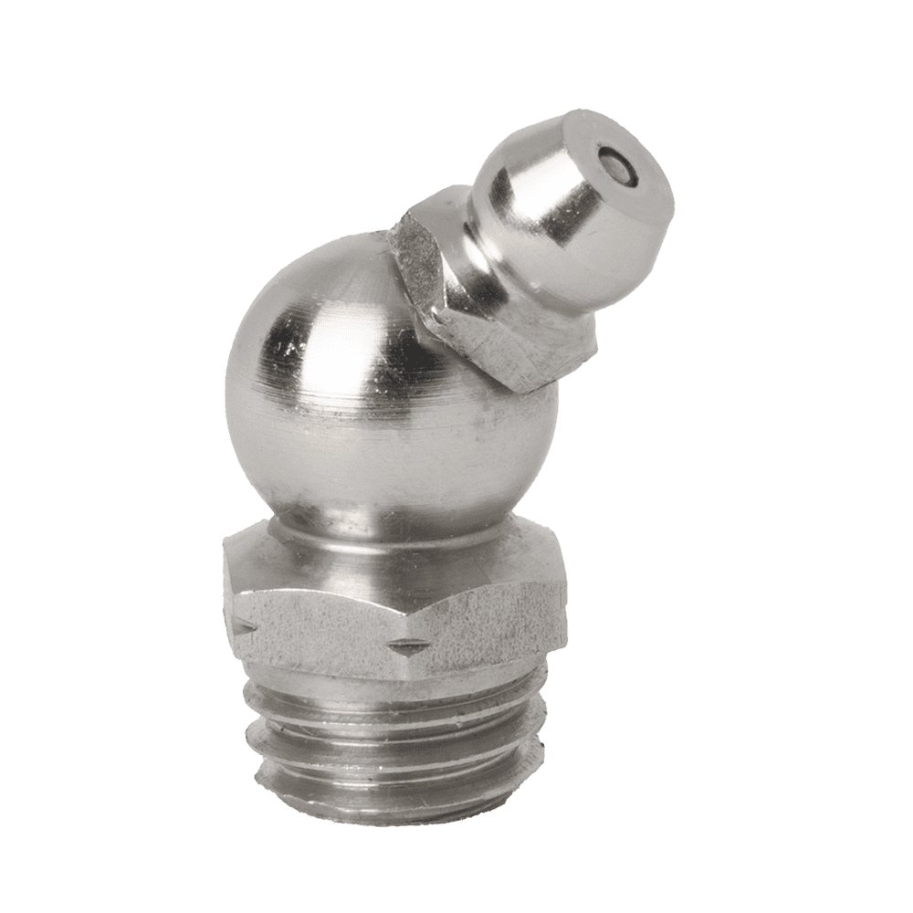 Primer plano de una boquilla de engrase cónica de 45° M10 x 1,5 de acero inoxidable 316 de primera calidad con boquilla en ángulo para maquinaria industrial, en blanco.