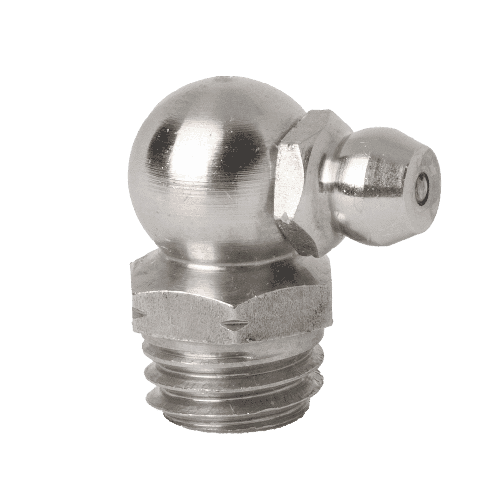 Boquilla de engrase cónica de 90° M10 x 1,5 de alta calidad (acero inoxidable 316), base hexagonal, roscada, ideal para lubricación industrial. Fondo blanco.