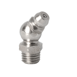Ingrassatore conico M8x1 Premium a 45˚, in acciaio inossidabile 316, base filettata e ugello angolato per una lubrificazione industriale affidabile.