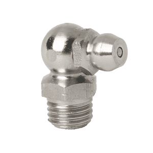 Ingrassatore conico M8 x 1 a 90° di alta qualità, acciaio inossidabile 316, base filettata, parte di lubrificazione durevole su sfondo bianco.