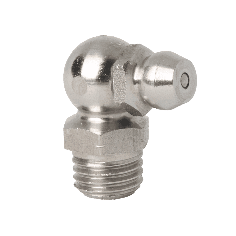 Boquilla de engrase cónica M8 x 1 de 90° de alta calidad, acero inoxidable 316, base roscada, pieza de lubricación duradera sobre fondo blanco.
