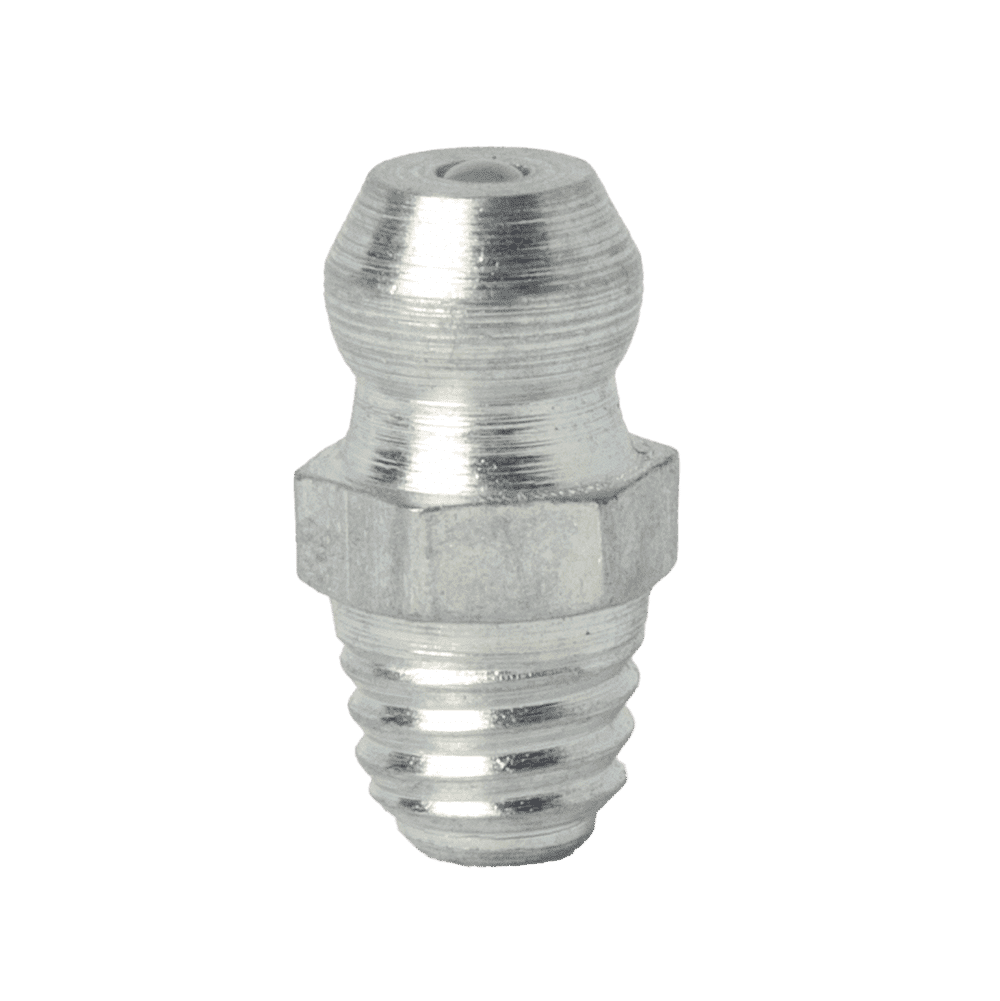 Premium M6 X 1 Thread Forming Straight Grease Nipple, Detailed Close-Up Showing Precision Threads And Rounded Top On White Background.