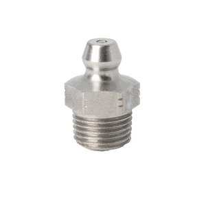 Ingrassatore in acciaio inossidabile PTF Premium da 1/8" x 27 AS15721-1 con base esagonale e filettature, ideale per la lubrificazione industriale.