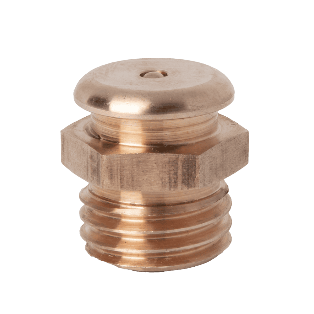 Hochwertiger M16 x 2-Schmiernippel mit Halbrundkopf aus Phosphorbronze mit Sechskantmutter, Gewinde im Entlüftungsstopfen-Stil und Entlüftungsloch für Heizkörper.