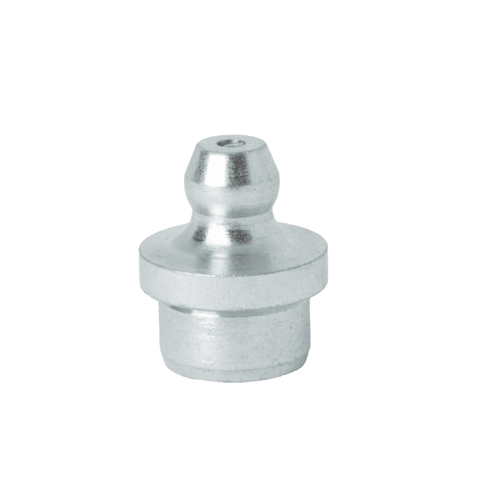 Premium 10 mm rak smörjnippel med drivanslutning, silvermetallisk finish, cylindrisk bas och smal topp, på vit bakgrund.