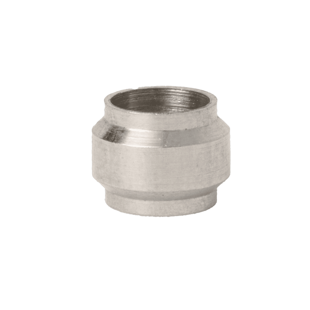 Premium 6Mm 316 Stainless Steel Olive Fitting, Internally Threaded With Flared Centre And Tapered Ends, On White Background.
