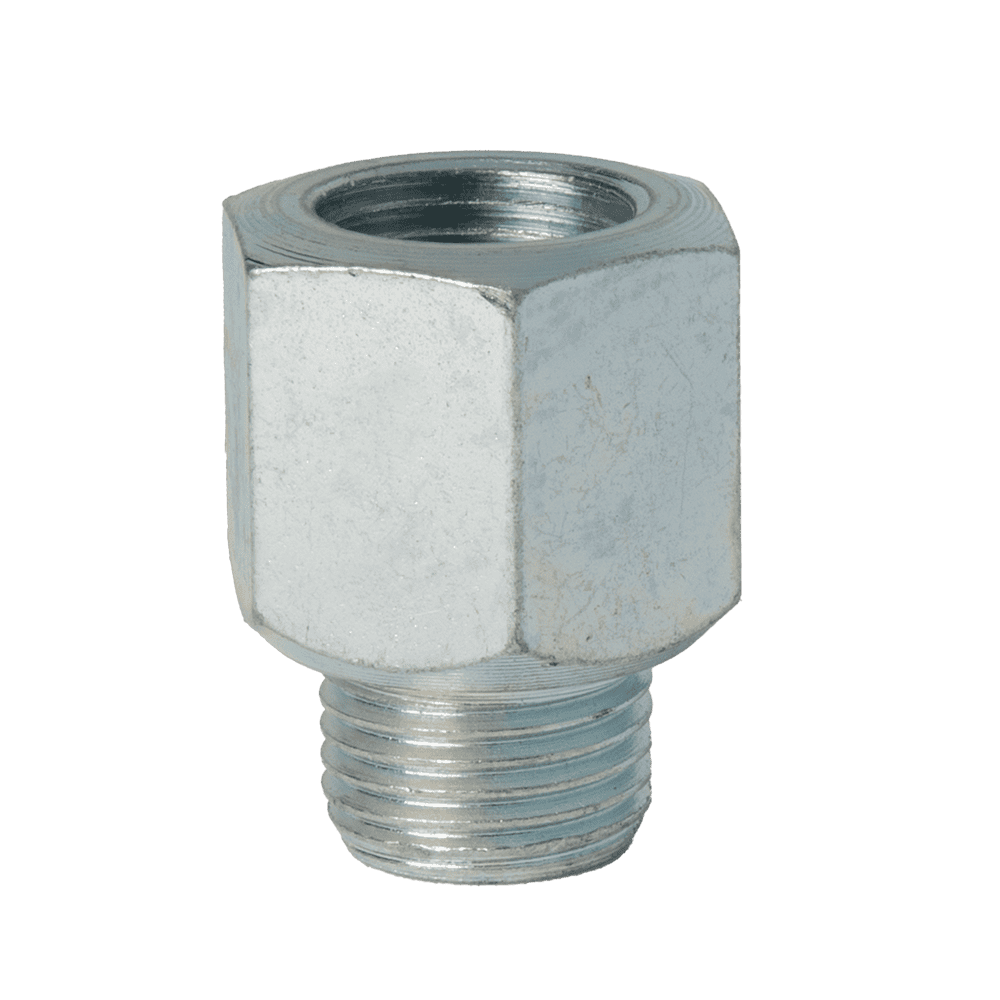 Écrou de couplage d'adaptateur de levage mâle et femelle 1/8'' x 28 BSP de haute qualité avec double filetage, affiché verticalement sur fond blanc.