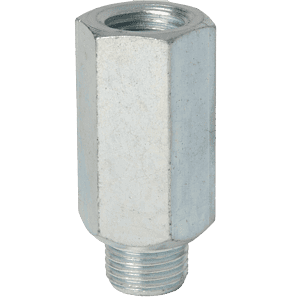 Adattatore di sollevamento maschio e femmina BSP da 1/8'' x 28 di alta qualità, dado di accoppiamento esagonale per raccordi di ingrassaggio, mostrato su sfondo bianco.