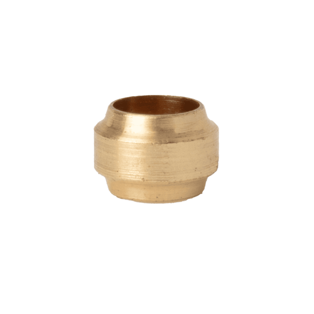 High-Quality 5Mm Brass Olive Fitting, Cylindrical With A Wider Centre And Tapered Ends, Displayed On A Clean White Background.