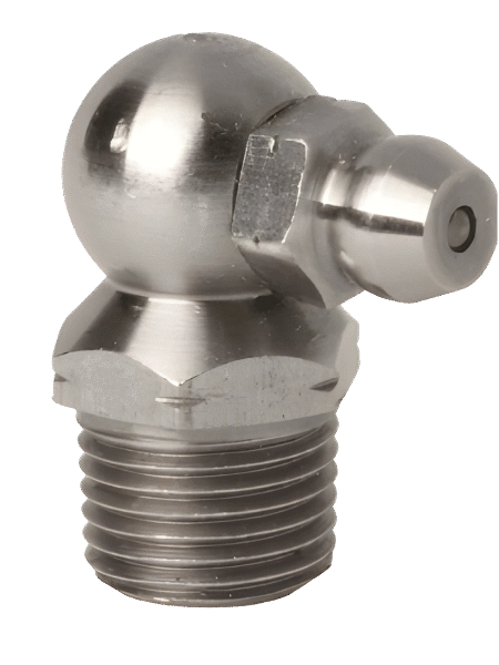 High-Precision Metal Grease Nipple Featuring A Threaded Base And Angled Nozzle, Showcased On White—Ideal For Industrial Lubrication Needs.